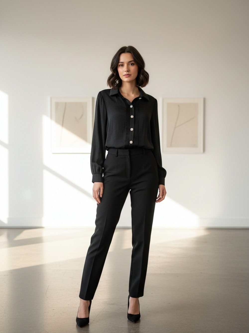 Joie Black Button-Front Blouse with Faux Pearl Embellished Buttons size medium